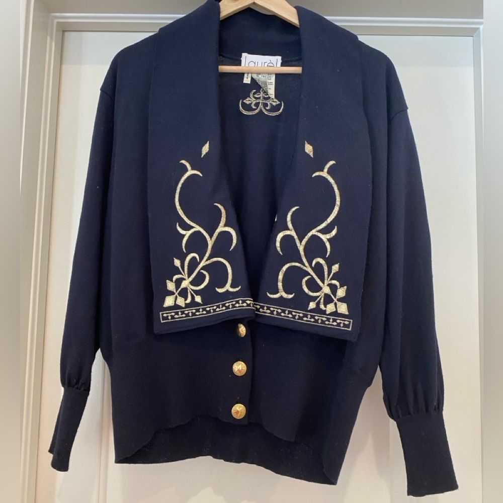 Laurel Navy Blue Cardigan with gold embroidery size 34 German